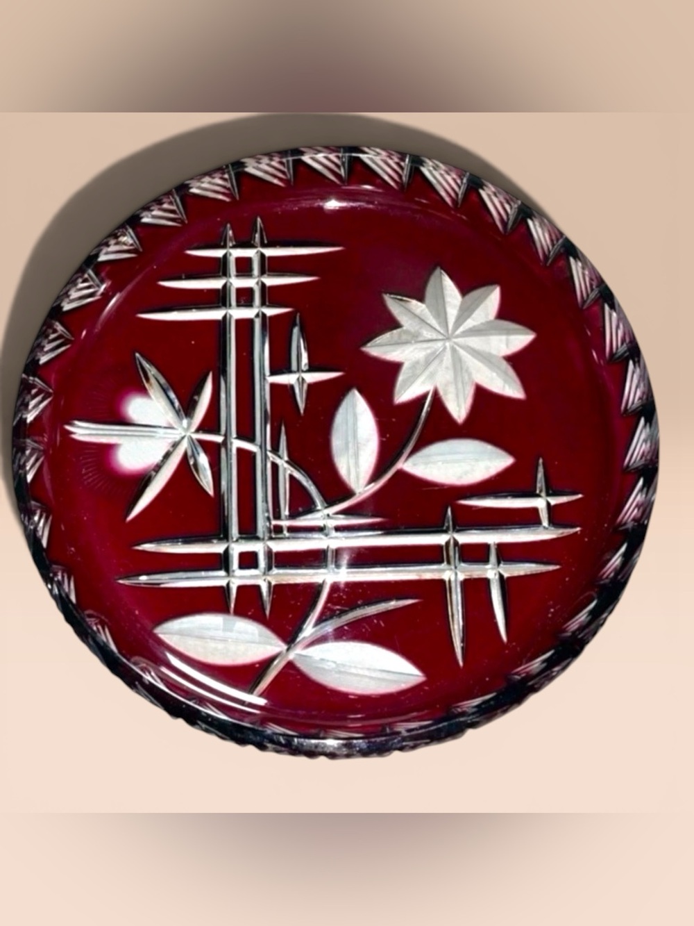 Bohemian Czech Ruby Cut to Clear Crystal Bowl Plate Centerpiece 11"